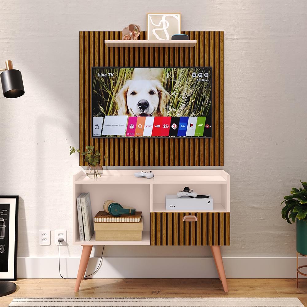 Kit Sala Estar Completa Painel Tv 32 Polegadas Prateleira Suspensa Rack Retrô 1 Porta Puxador Concha Ripado/Off White - Lojas RPM