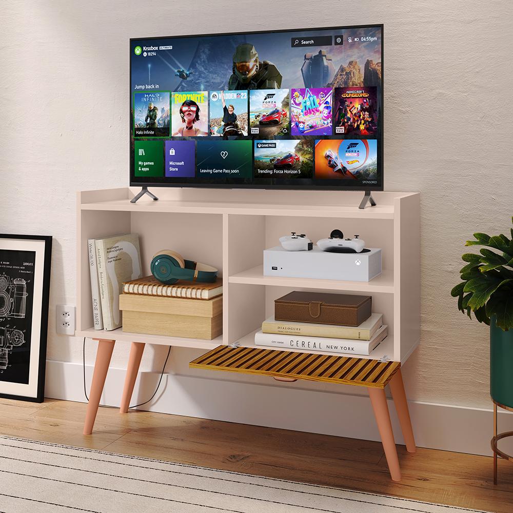 Kit Sala Estar Completa Painel Tv 32 Polegadas Prateleira Suspensa Rack Retrô 1 Porta Puxador Concha Ripado/Off White - Lojas RPM