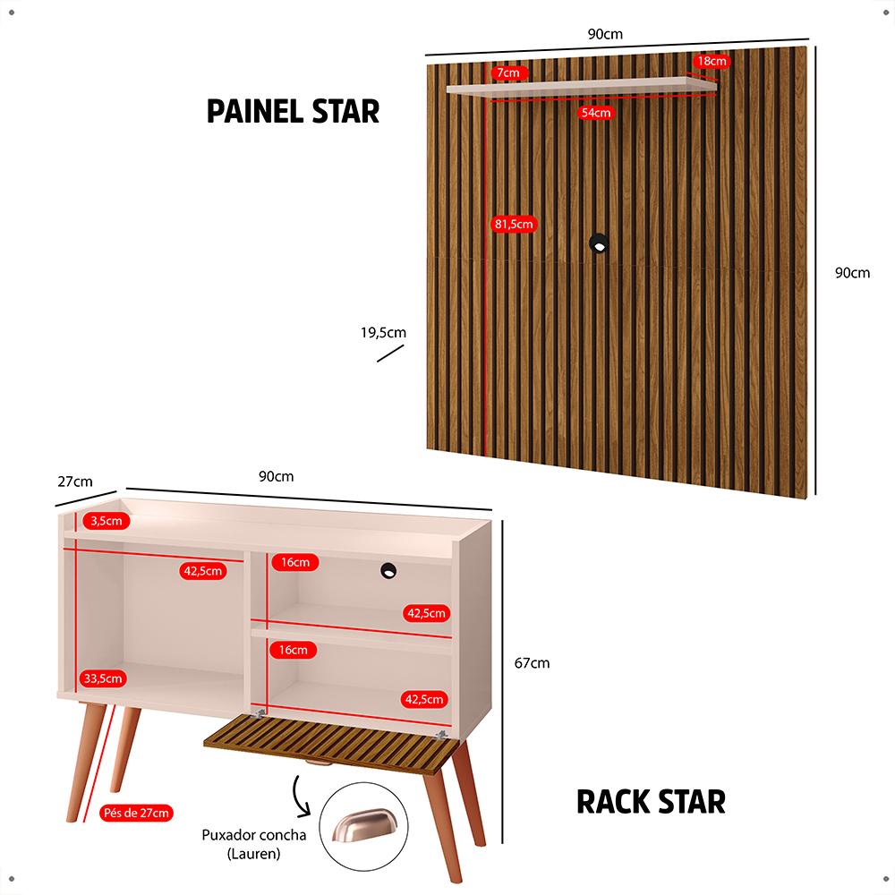 Kit Sala Estar Completa Painel Tv 32 Polegadas Prateleira Suspensa Rack Retrô 1 Porta Puxador Concha Ripado/Off White - Lojas RPM