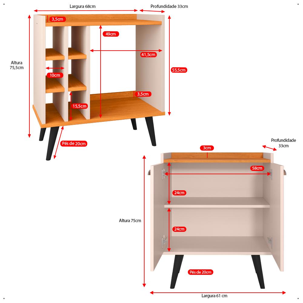 Kit Sala Jantar Cozinha Aparador Baden Adega Nicho Buffet Linea 2 Portas Puxador Concha Cantinho Café Off White/Cinamomo - Lojas RPM