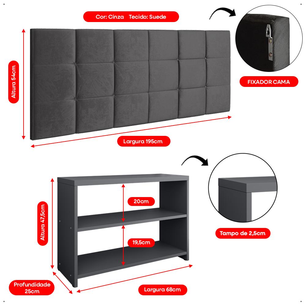 Kit Sapateira Compacta Assento Banquinho Quarto Cinza Cabeceira Cama Box King Size 1,95 Suede - Lojas RPM