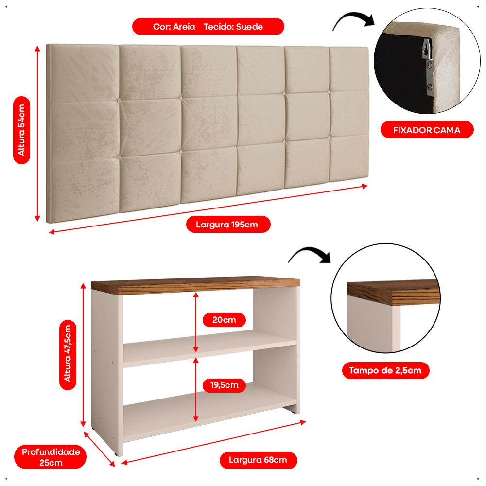 Kit Sapateira Compacta Assento Banquinho Quarto Off White/Freijó Cabeceira Cama Box King Size 1,95 Areia Suede - Lojas RPM