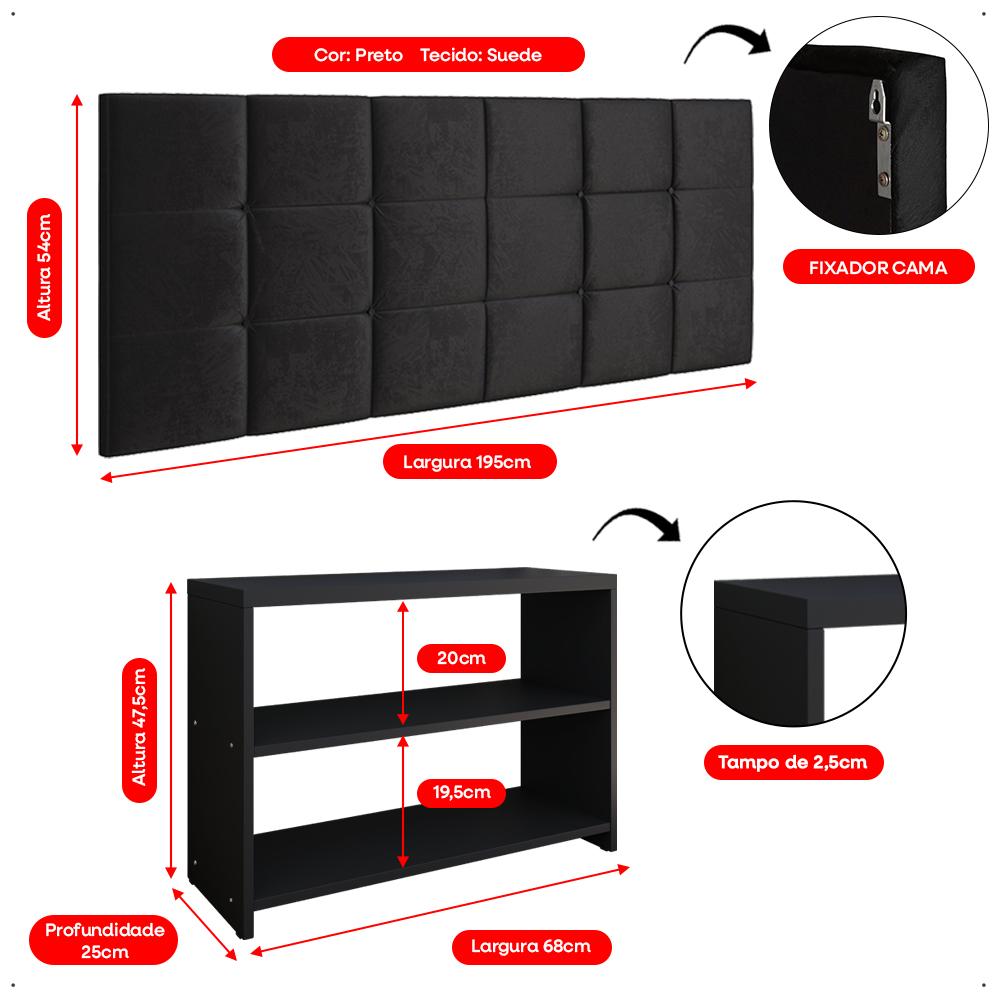 Kit Sapateira Compacta Assento Banquinho Quarto Preto Cabeceira Cama Box King Size 1,95 Suede - Lojas RPM