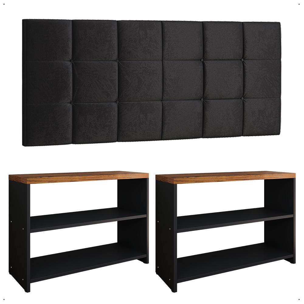 Kit Sapateira Compacta Assento Banquinho Quarto Preto/Freijó Cabeceira Cama Box King Size 1,95 Suede - Lojas RPM