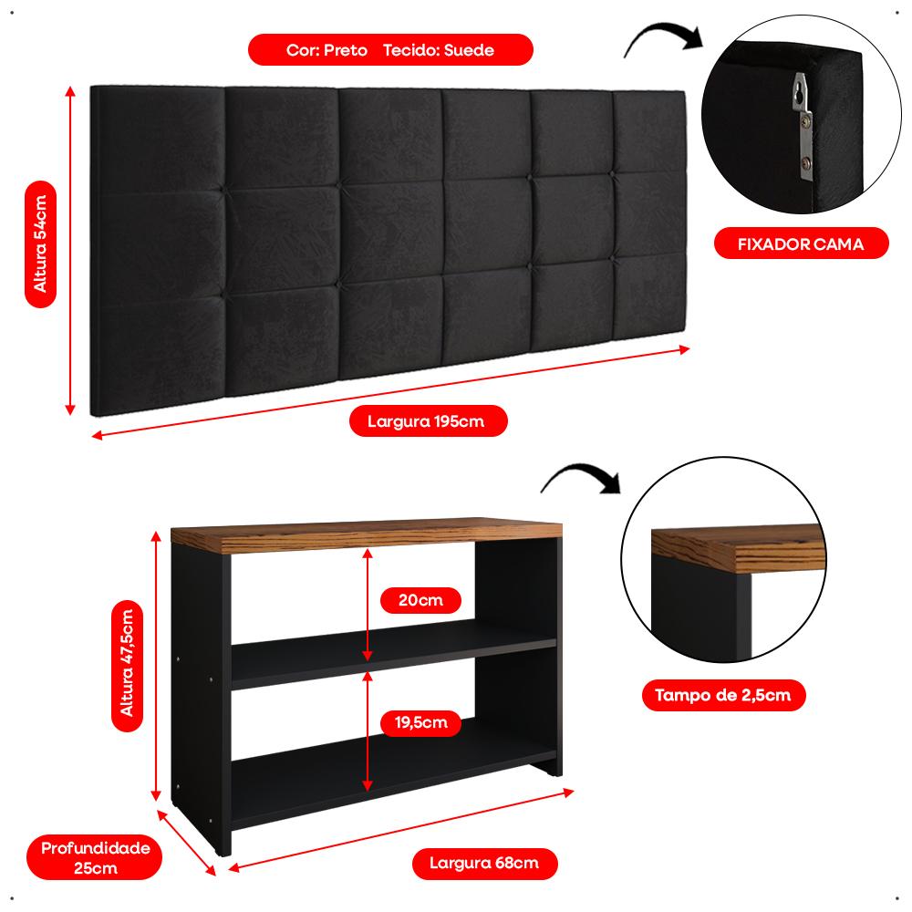 Kit Sapateira Compacta Assento Banquinho Quarto Preto/Freijó Cabeceira Cama Box King Size 1,95 Suede - Lojas RPM