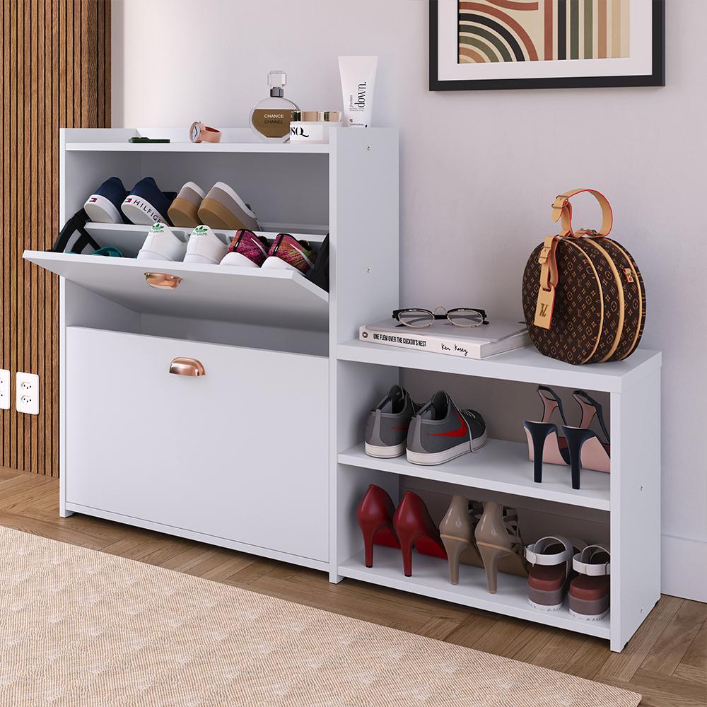 Kit Sapateira Milano Closet Prateleira Organizadora Calçados Banquinho Hall Entrada Gaveta Basculante Branco - Lojas RPM