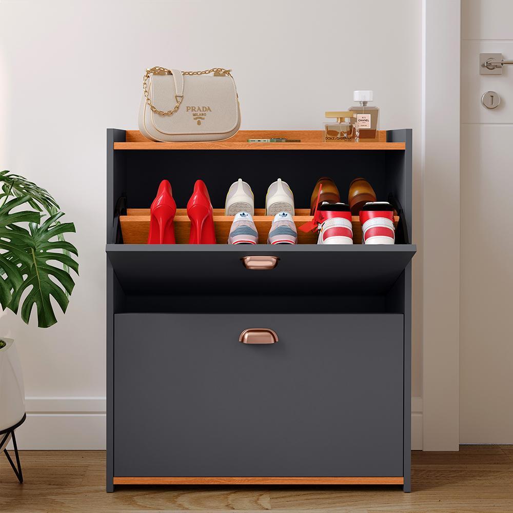 Kit Sapateira Milano Closet Prateleira Organizadora Calçados Banquinho Hall Entrada Gaveta Basculante Cinza/Cinamomo - Lojas RPM