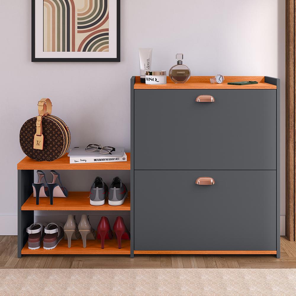 Kit Sapateira Milano Closet Prateleira Organizadora Calçados Banquinho Hall Entrada Gaveta Basculante Cinza/Cinamomo - Lojas RPM