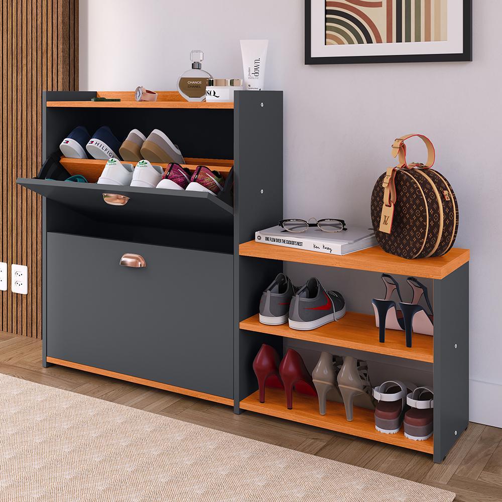 Kit Sapateira Milano Closet Prateleira Organizadora Calçados Banquinho Hall Entrada Gaveta Basculante Cinza/Cinamomo - Lojas RPM