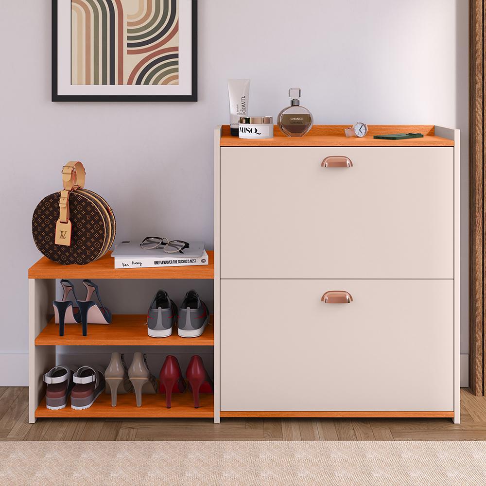 Kit Sapateira Milano Closet Prateleira Organizadora Calçados Banquinho Hall Entrada Gaveta Basculante Off White/Cinamomo - Lojas RPM