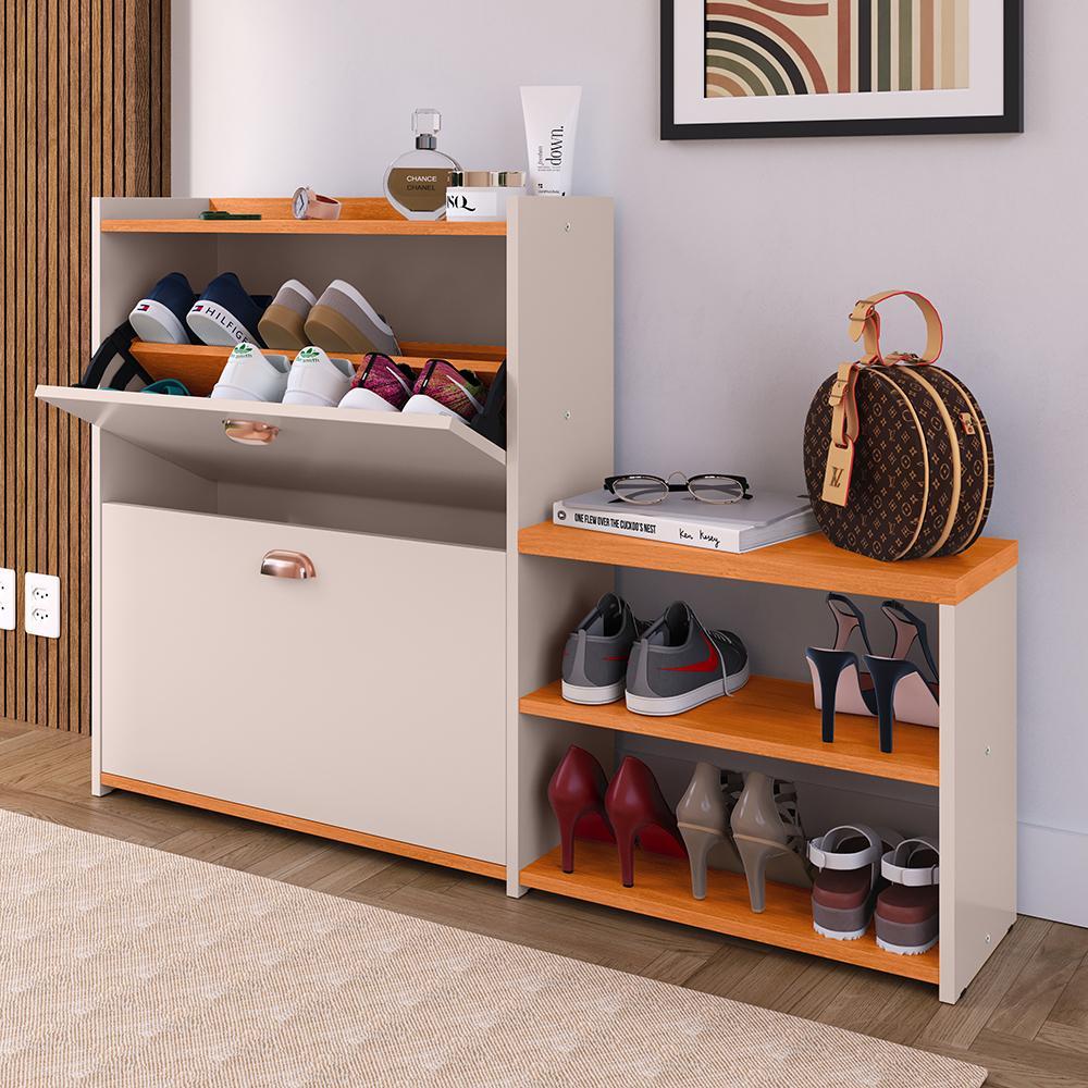 Kit Sapateira Milano Closet Prateleira Organizadora Calçados Banquinho Hall Entrada Gaveta Basculante Off White/Cinamomo - Lojas RPM
