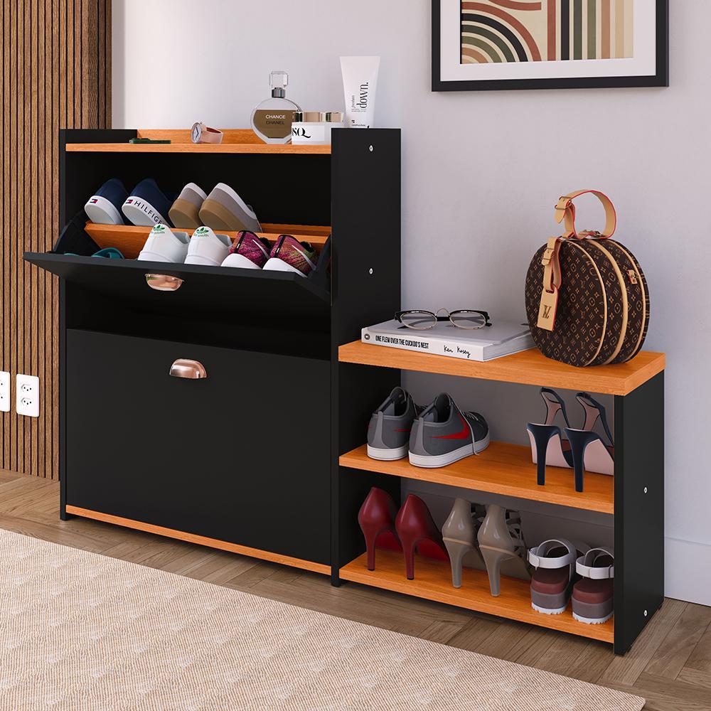 Kit Sapateira Milano Closet Prateleira Organizadora Calçados Banquinho Hall Entrada Gaveta Basculante Preto/Cinamomo - Lojas RPM