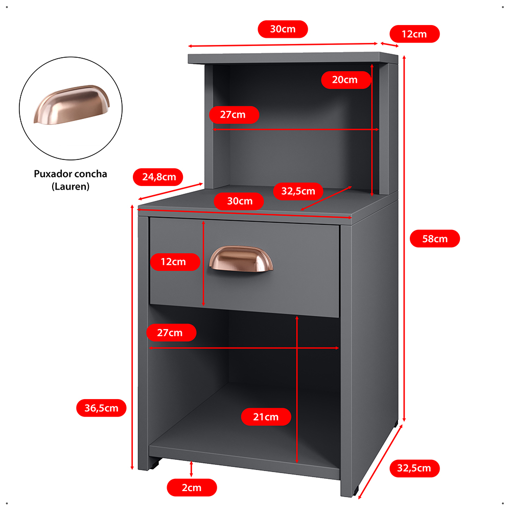 Mesa Cabeceira Cléo Cinza Perolizado 1 Gaveta Organizadora Puxador Concha Nicho Prateleira Suspensa Decoração Lateral Cama - Lojas RPM