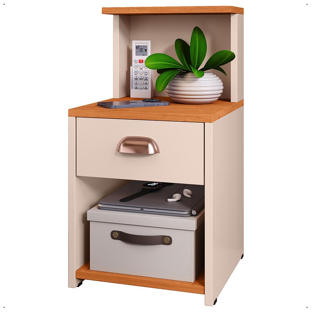 Mesa Cabeceira Cléo Off White/Cinamomo 1 Gaveta Organizadora Puxador Concha Nicho Prateleira Suspensa Decoração Lateral Cama - Lojas RPM