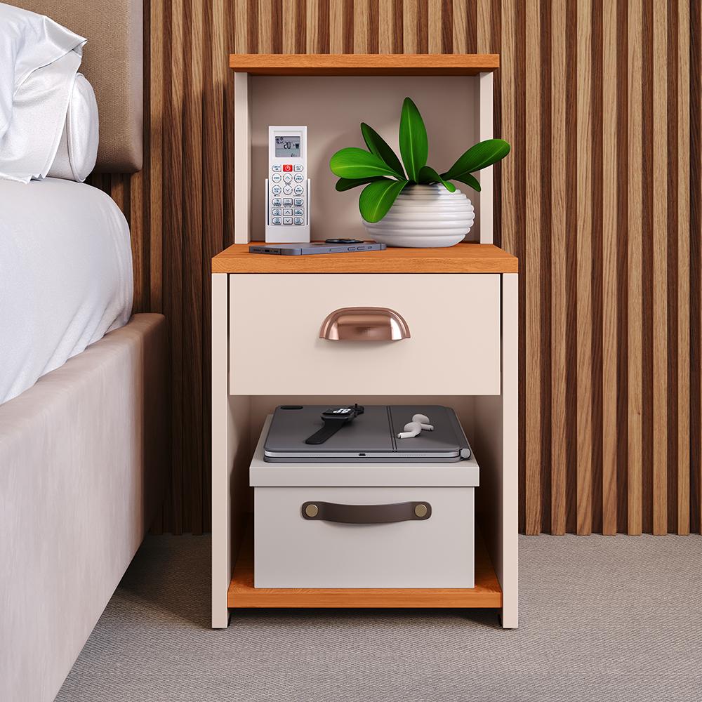 Mesa Cabeceira Cléo Off White/Cinamomo 1 Gaveta Organizadora Puxador Concha Nicho Prateleira Suspensa Decoração Lateral Cama - Lojas RPM
