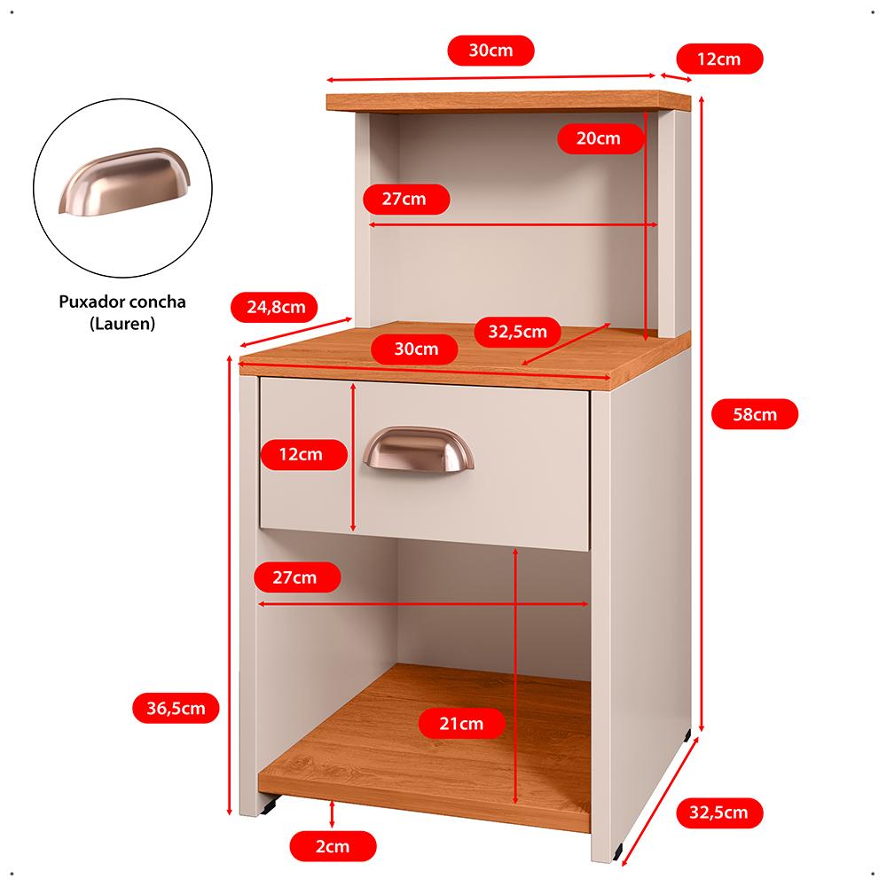 Mesa Cabeceira Cléo Off White/Cinamomo 1 Gaveta Organizadora Puxador Concha Nicho Prateleira Suspensa Decoração Lateral Cama - Lojas RPM