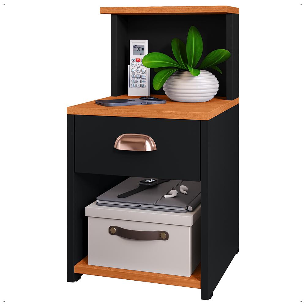 Mesa Cabeceira Cléo Preto/Cinamomo 1 Gaveta Organizadora Puxador Concha Nicho Prateleira Suspensa Decoração Lateral Cama - Lojas RPM