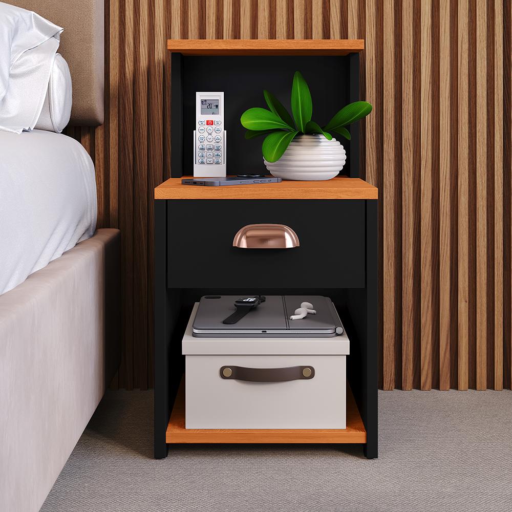 Mesa Cabeceira Cléo Preto/Cinamomo 1 Gaveta Organizadora Puxador Concha Nicho Prateleira Suspensa Decoração Lateral Cama - Lojas RPM