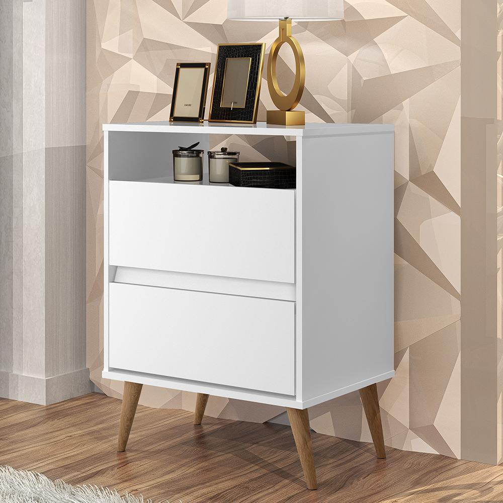 Mesa Cabeceira Lotus 2 Gavetas Nicho Porta Objetos Pés Palito Madeira Decoração Quarto Branco - Lojas RPM