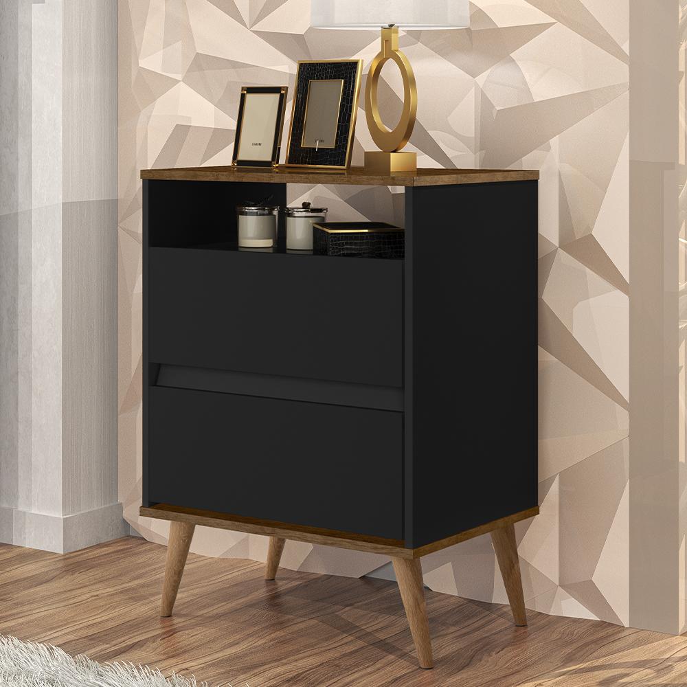 Mesa Cabeceira Lotus 2 Gavetas Nicho Porta Objetos Pés Palito Madeira Decoração Quarto Preto/Jequitibá - Lojas RPM