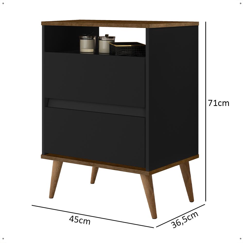 Mesa Cabeceira Lotus 2 Gavetas Nicho Porta Objetos Pés Palito Madeira Decoração Quarto Preto/Jequitibá - Lojas RPM