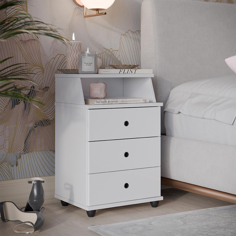 Mesa Cabeceira Luxo New 3 Gavetas Organizadoras Nicho Decorativo Mesinha Quarto Casal Solteiro Branco - Lojas RPM