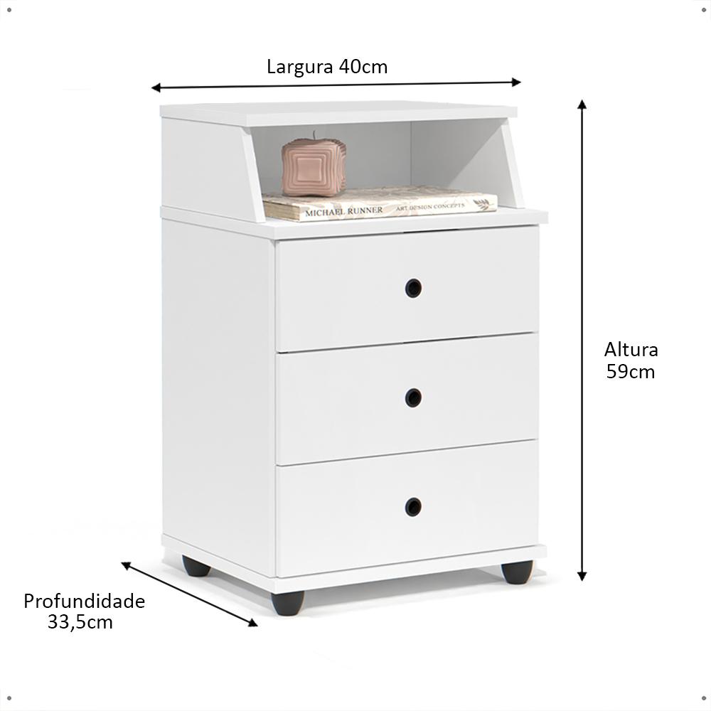 Mesa Cabeceira Luxo New 3 Gavetas Organizadoras Nicho Decorativo Mesinha Quarto Casal Solteiro Branco - Lojas RPM