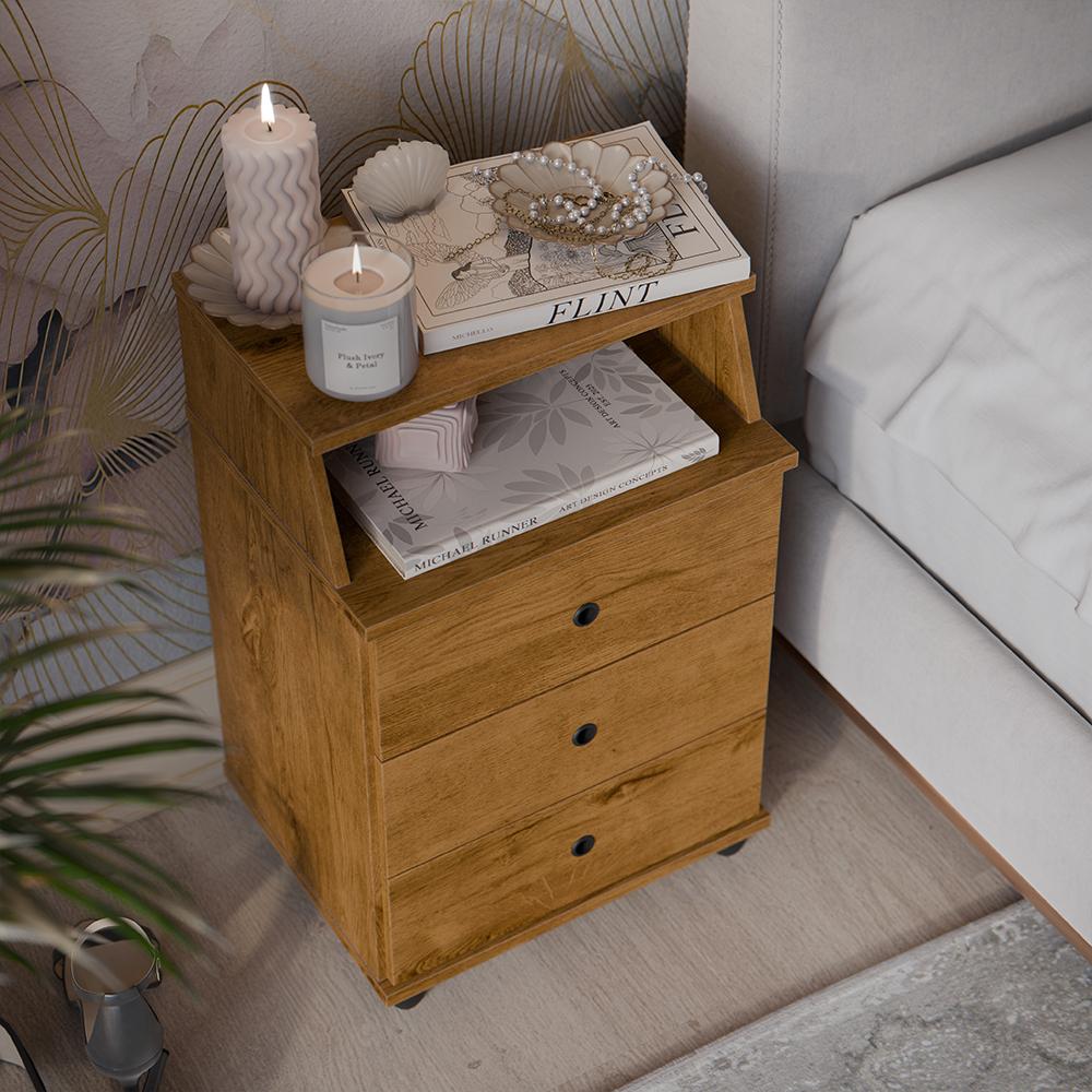 Mesa Cabeceira Luxo New 3 Gavetas Organizadoras Nicho Decorativo Mesinha Quarto Casal Solteiro Freijó - Lojas RPM