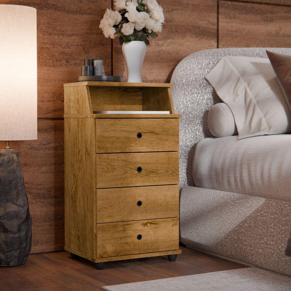 Mesa de Cabeceira Luxo II New Mesinha Lateral Cama 4 Gavetas Nicho Decoração Quarto Solteiro Pequeno - Freijó - RPM