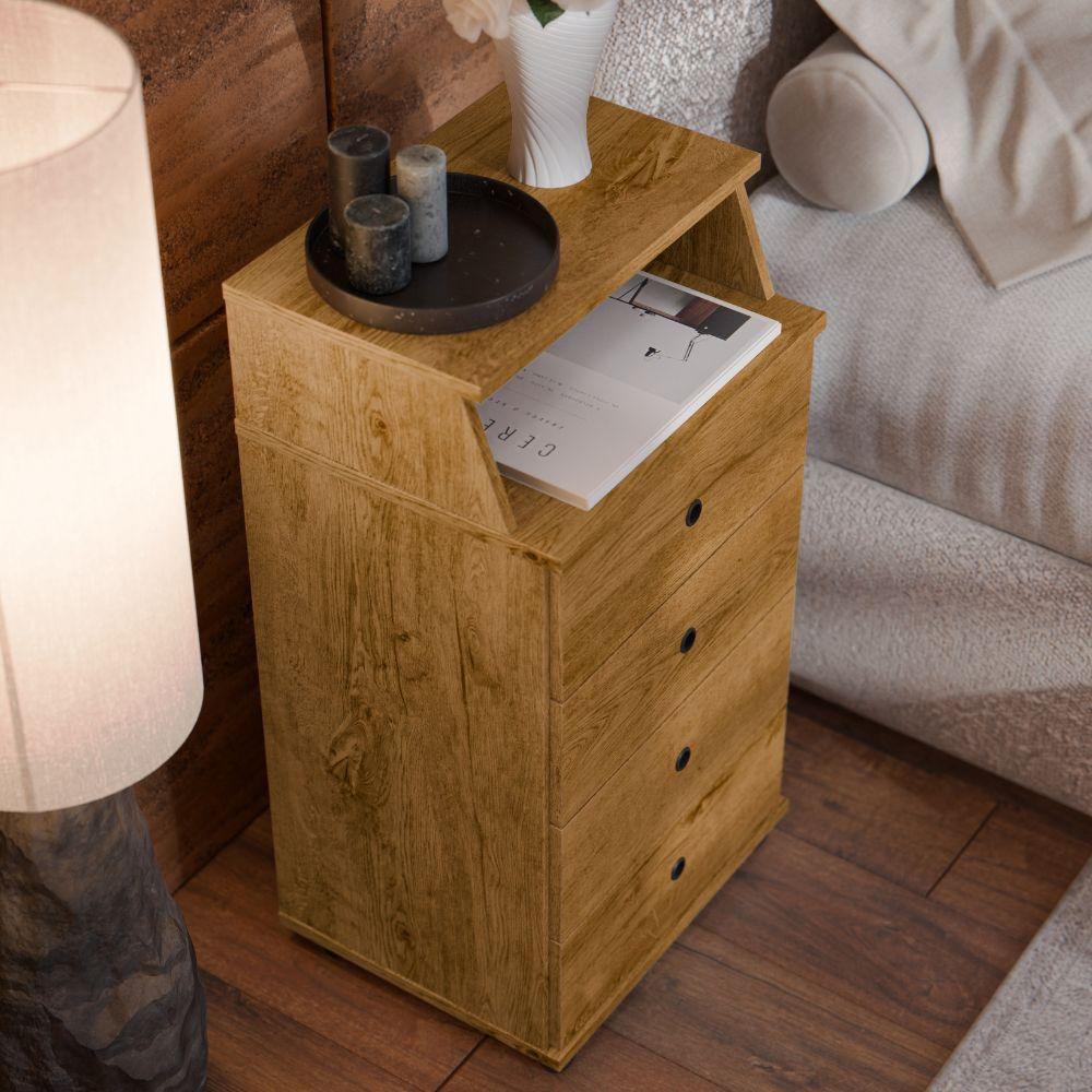 Mesa de Cabeceira Luxo II New Mesinha Lateral Cama 4 Gavetas Nicho Decoração Quarto Solteiro Pequeno - Freijó - RPM