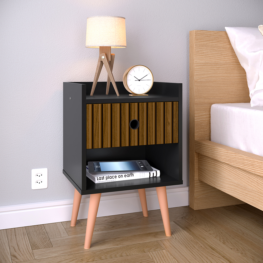 Mesinha Lateral Pequena com 1 Gaveta e Nicho Quarto Decorado - Preto / Ripado Nature - Lojas RPM