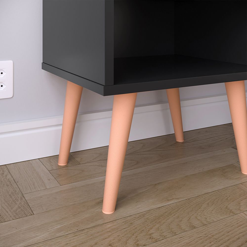 Mesinha Lateral Pequena com 1 Gaveta e Nicho Quarto Decorado - Preto / Ripado Nature - Lojas RPM