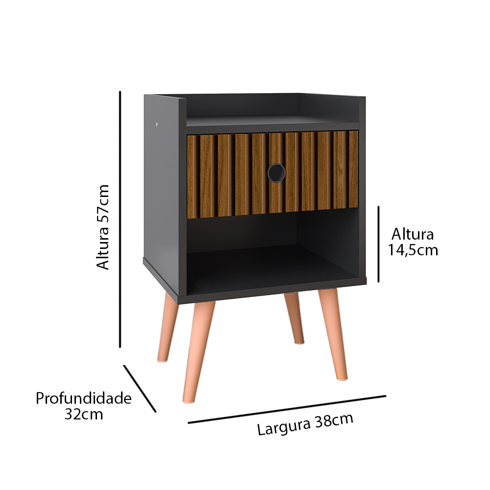 Mesinha Lateral Pequena com 1 Gaveta e Nicho Quarto Decorado - Preto / Ripado Nature - Lojas RPM
