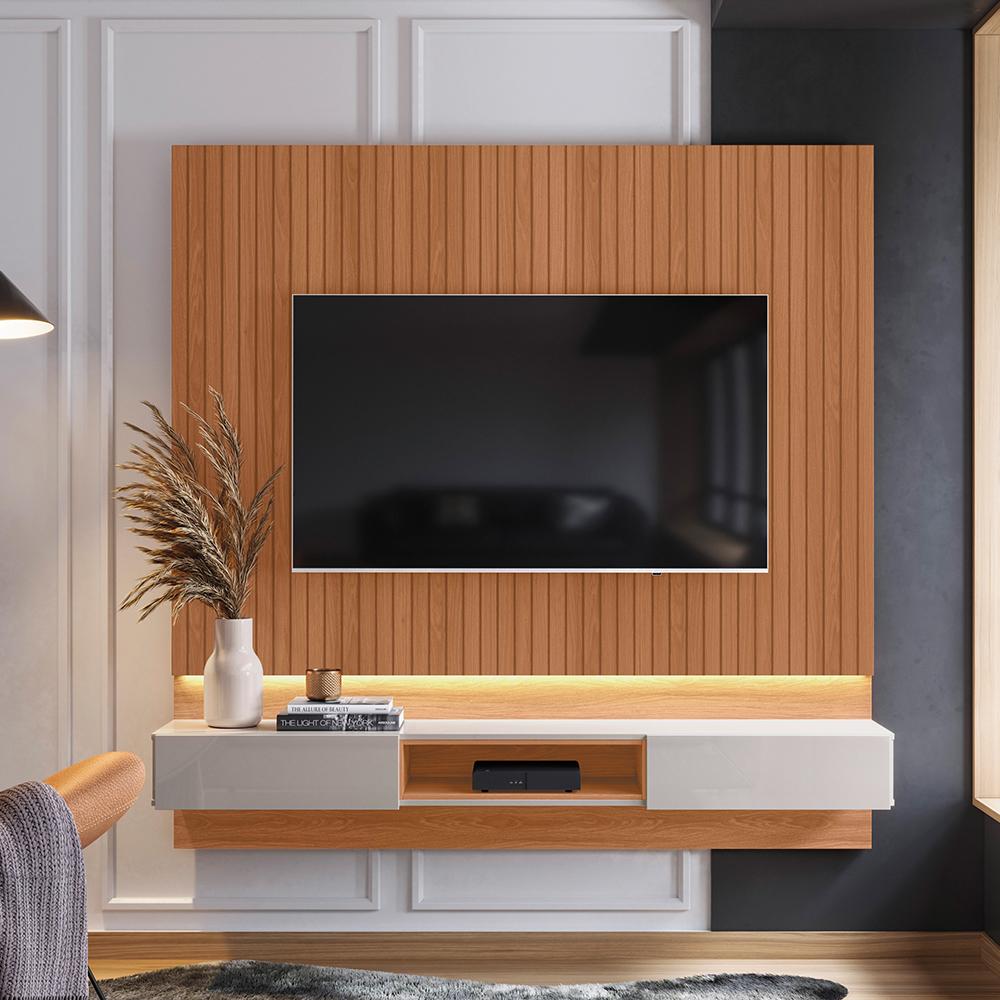 Painel Paris 1.8 Home Tv 70 Polegadas Nicho 2 Gavetas Decoração Led Sala Jequitibá Ripado/Off White Perolizado - Lojas RPM