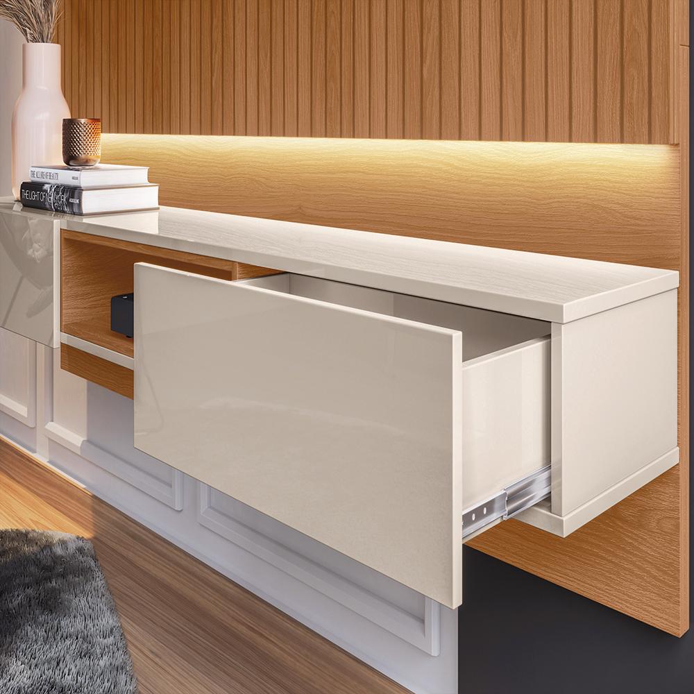 Painel Paris 1.8 Home Tv 70 Polegadas Nicho 2 Gavetas Decoração Led Sala Jequitibá Ripado/Off White Perolizado - Lojas RPM