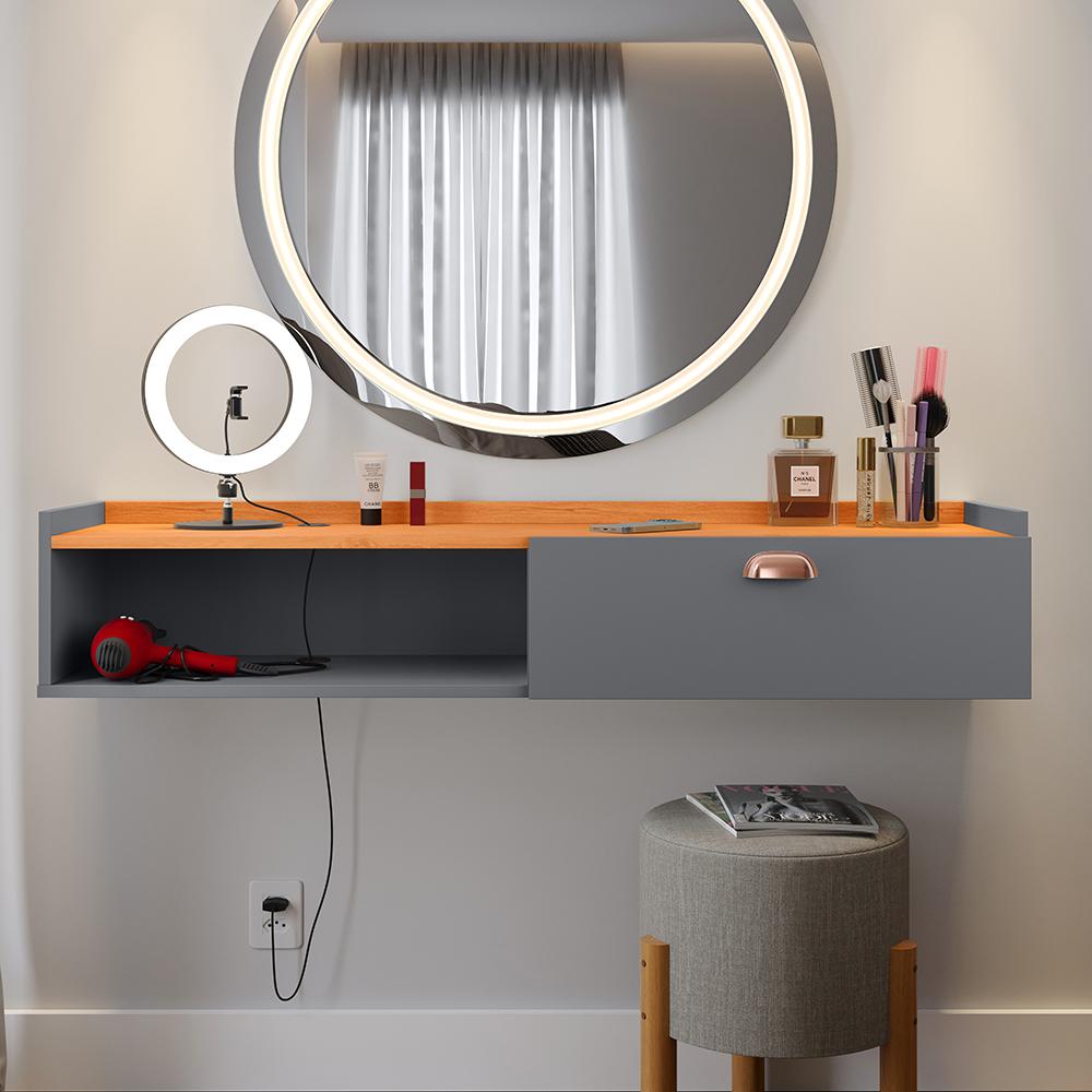 Penteadeira Suspensa Classic 90 cm Porta Joia Mesa Maquiagem Camarim Quarto Pequeno - Cinza/Cinamomo - RPM