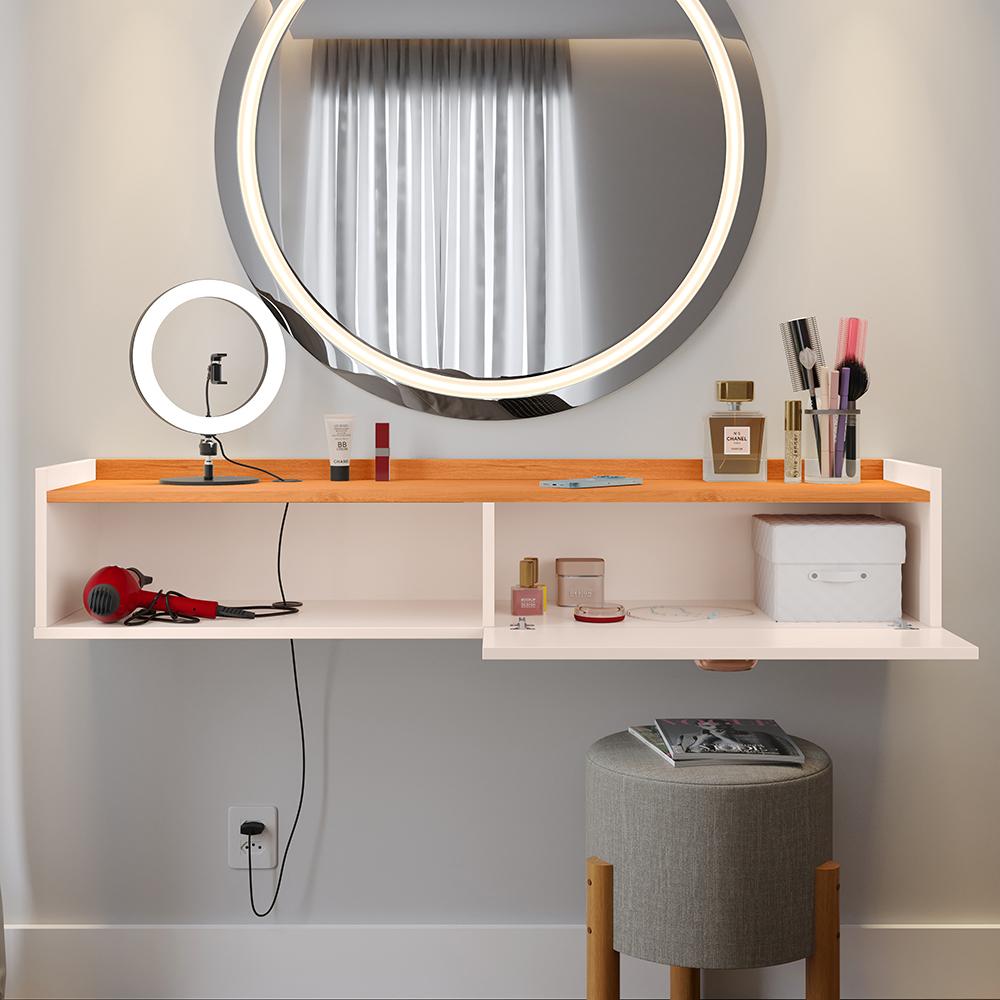Penteadeira Suspensa Classic 90 cm Porta Joia Mesa Maquiagem Camarim Quarto Pequeno - Off White/Cinamomo - RPM