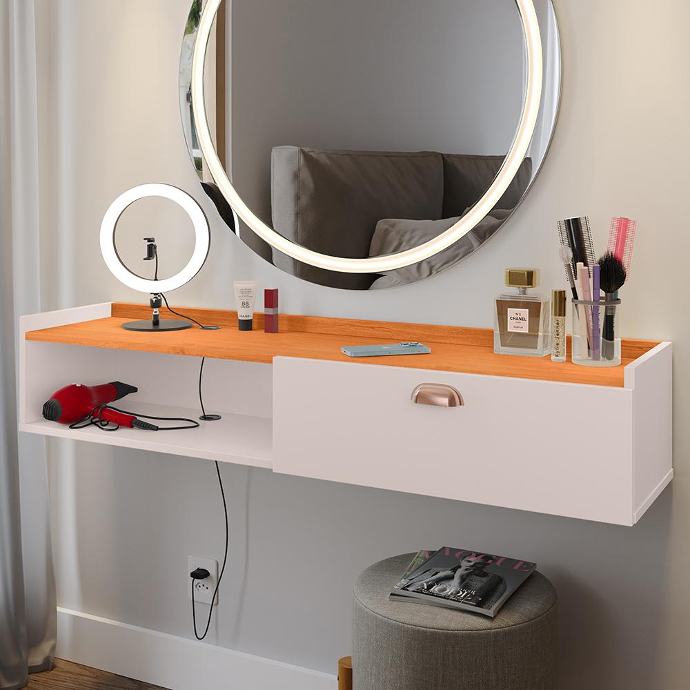 Penteadeira Suspensa Classic 90 cm Porta Joia Mesa Maquiagem Camarim Quarto Pequeno - Off White/Cinamomo - RPM