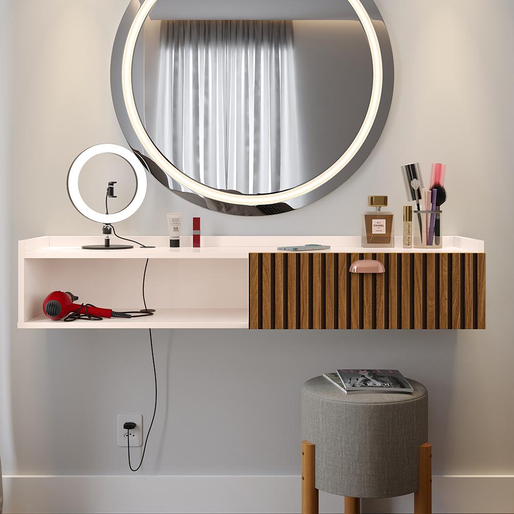 Penteadeira Suspensa Classic 90 cm Porta Joia Mesa Maquiagem Camarim Quarto Pequeno - Off White/Ripado - RPM
