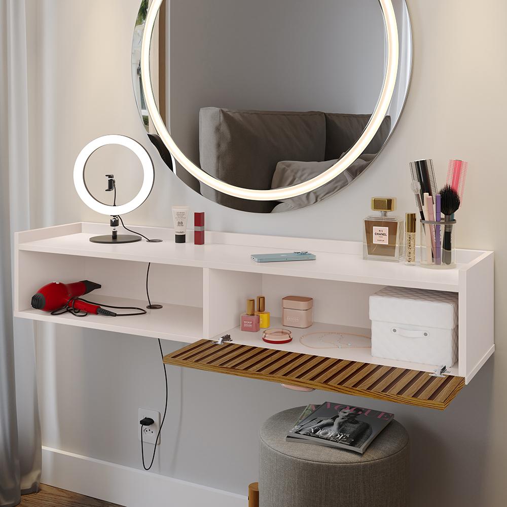 Penteadeira Suspensa Classic 90 cm Porta Joia Mesa Maquiagem Camarim Quarto Pequeno - Off White/Ripado - RPM