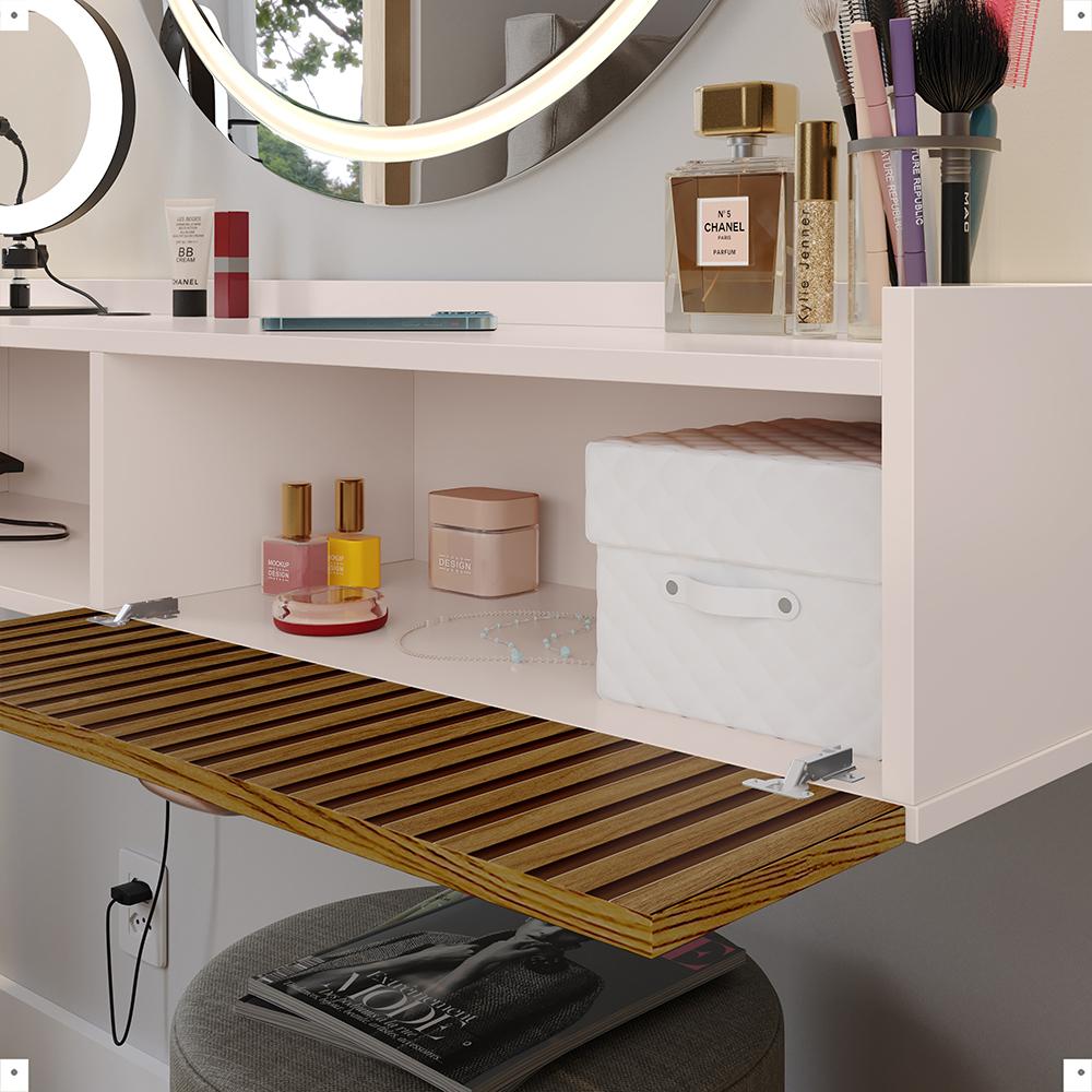Penteadeira Suspensa Classic 90 cm Porta Joia Mesa Maquiagem Camarim Quarto Pequeno - Off White/Ripado - RPM
