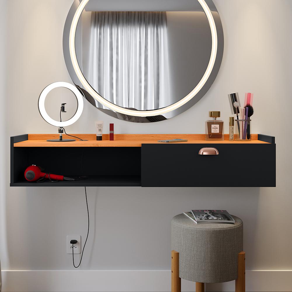 Penteadeira Suspensa Classic 90 cm Porta Joia Mesa Maquiagem Camarim Quarto Pequeno - Preto/Cinamomo- RPM