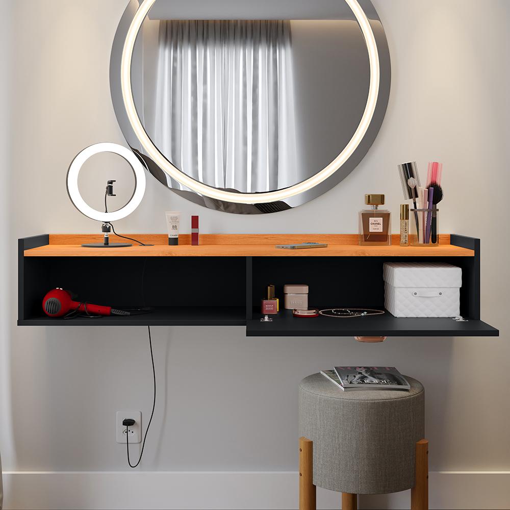 Penteadeira Suspensa Classic 90 cm Porta Joia Mesa Maquiagem Camarim Quarto Pequeno - Preto/Cinamomo- RPM