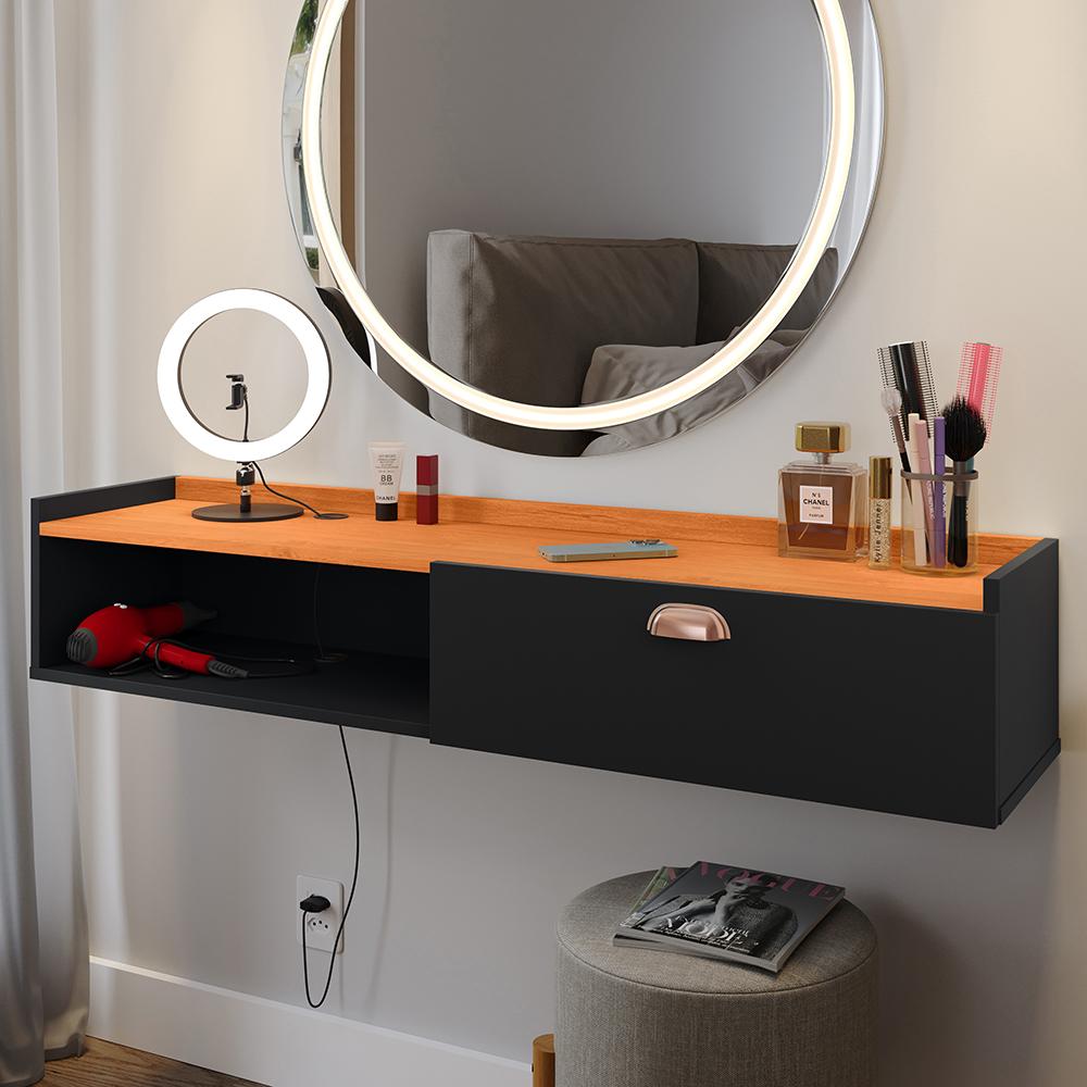Penteadeira Suspensa Classic 90 cm Porta Joia Mesa Maquiagem Camarim Quarto Pequeno - Preto/Cinamomo- RPM
