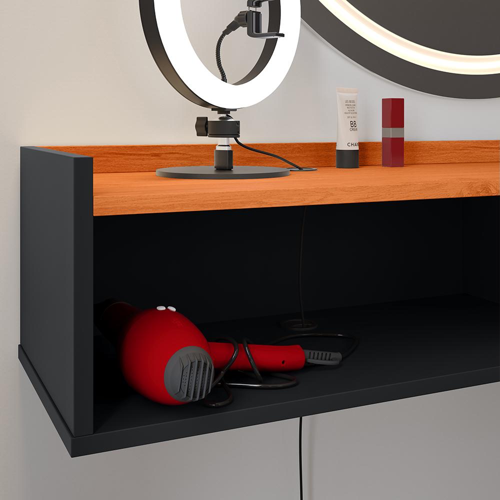 Penteadeira Suspensa Classic 90 cm Porta Joia Mesa Maquiagem Camarim Quarto Pequeno - Preto/Cinamomo- RPM