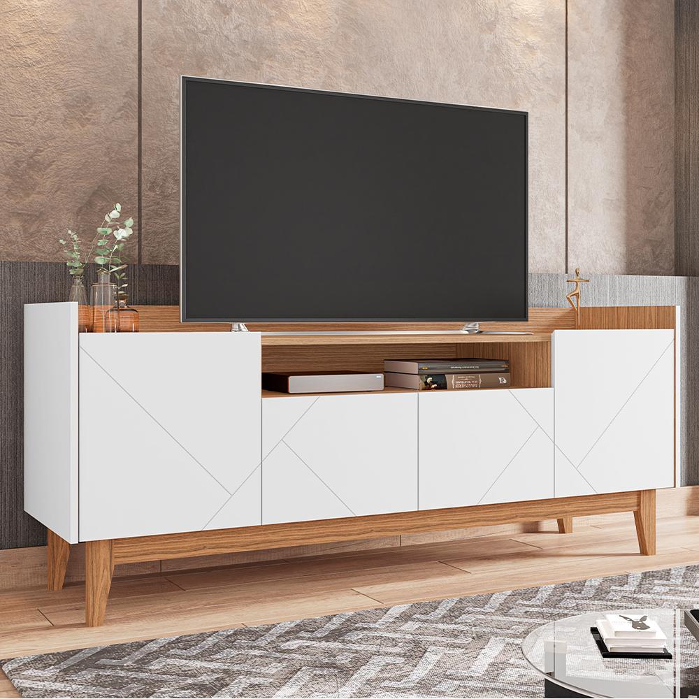 Rack Adria 1.58 Tv 60 Polegadas 4 Portas Detalhes Frisados Pés Retrô Madeira Decoração Sala Estar Branco/Noce - Lojas RPM