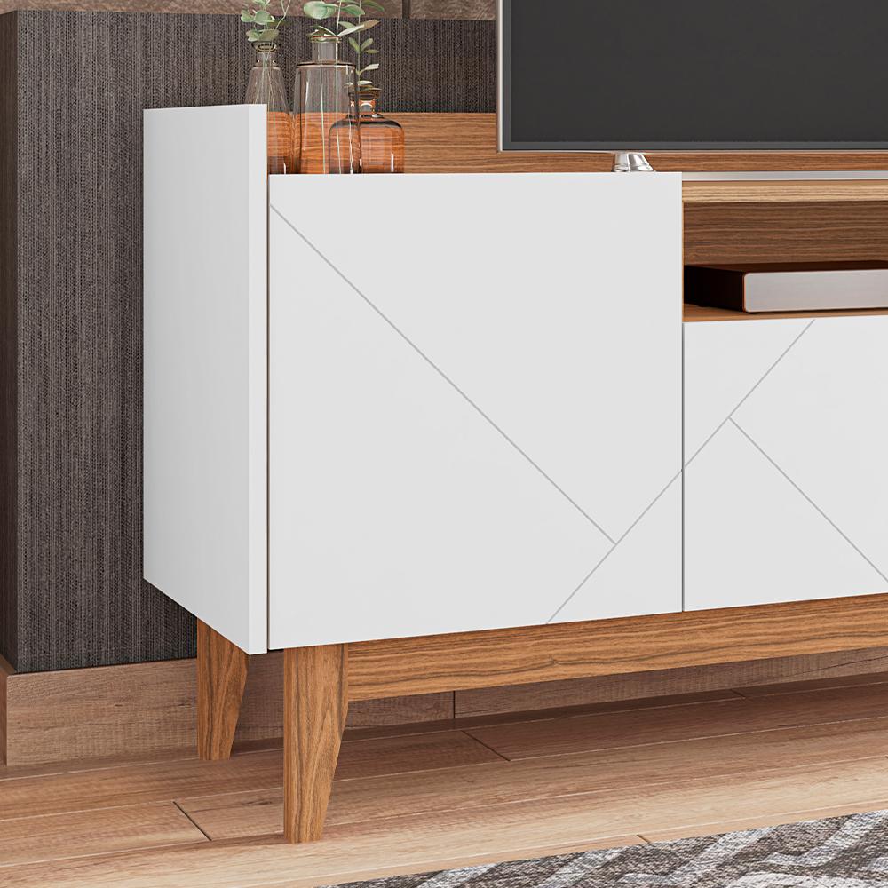 Rack Adria 1.58 Tv 60 Polegadas 4 Portas Detalhes Frisados Pés Retrô Madeira Decoração Sala Estar Branco/Noce - Lojas RPM