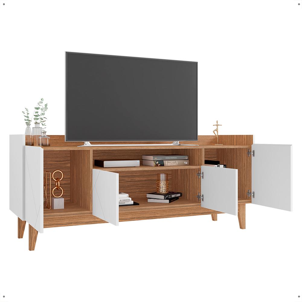 Rack Adria 1.58 Tv 60 Polegadas 4 Portas Detalhes Frisados Pés Retrô Madeira Decoração Sala Estar Branco/Noce - Lojas RPM