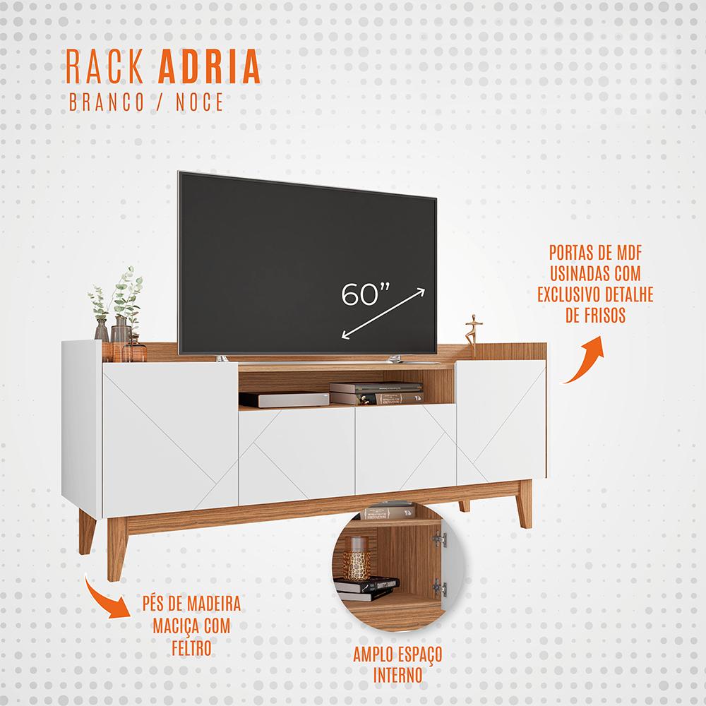 Rack Adria 1.58 Tv 60 Polegadas 4 Portas Detalhes Frisados Pés Retrô Madeira Decoração Sala Estar Branco/Noce - Lojas RPM