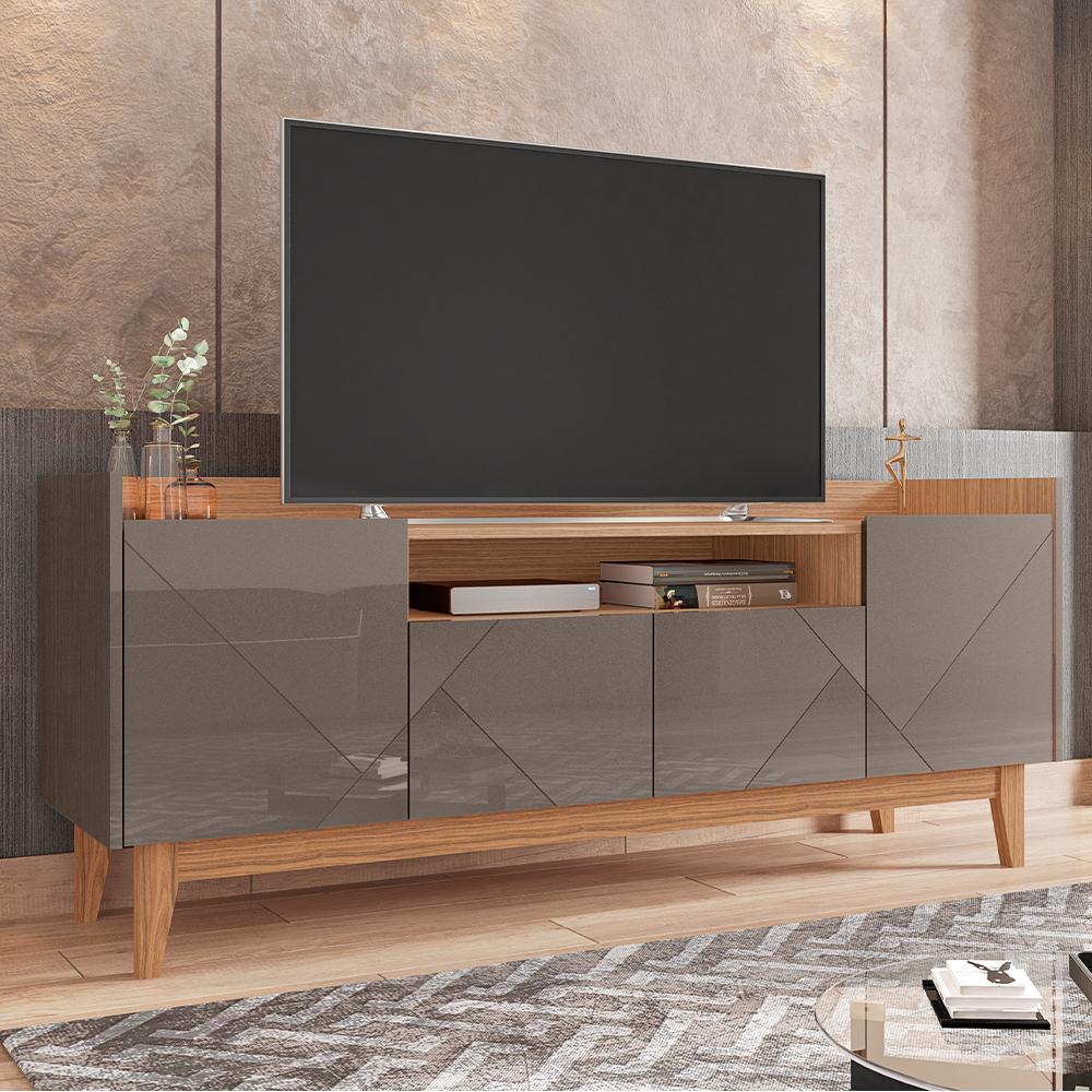 Rack Adria 1.58 Tv 60 Polegadas 4 Portas Detalhes Frisados Pés Retrô Madeira Decoração Sala Estar Cinza Pérola/Noce - Lojas RPM
